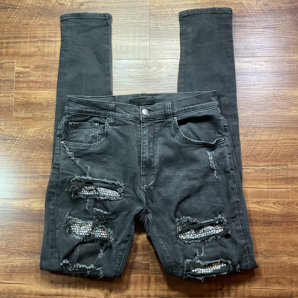 Amiri Jeans Women’s 30x34 Skinny Black Thrasher Sequin Patch Distressed Stretch